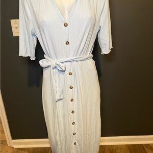 Light Blue Button-Down Belted Dress